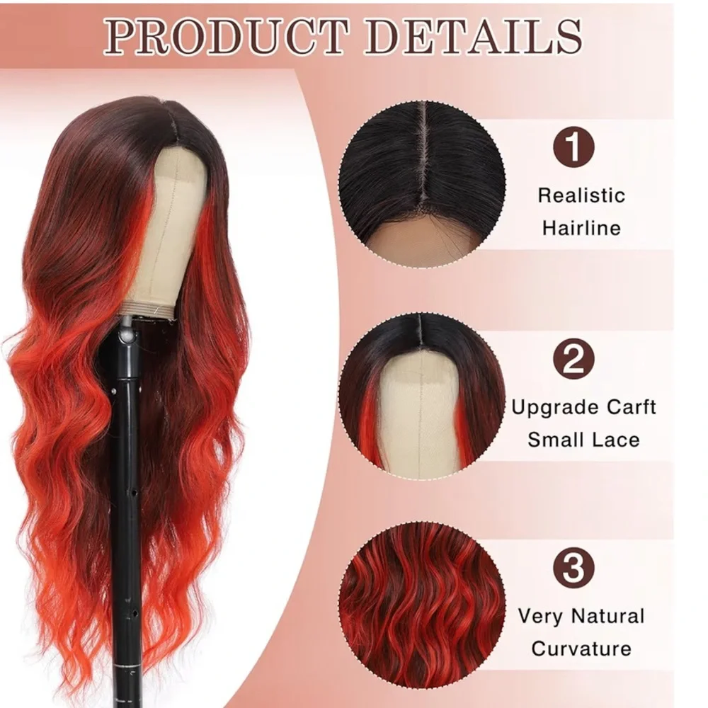 Long Red Wavy Wig 26 Inch Ombre Red Middle Part Curly Synthetic Hair Wig